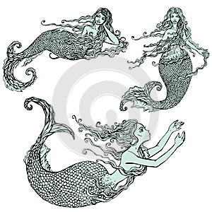 Set of Handdrawn Illustration with Beautiful mermaid girls isolated on white background. photo