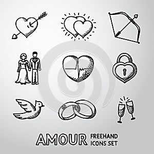 Set of handdrawn Love, Amour icons - heart with