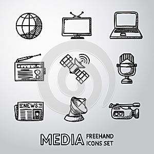 Set of handdrawn media icons - news, radio, tv photo