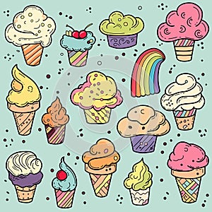 Set of handdrawn multicolor ice creams in the waffle cones