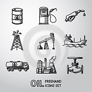 Set of handdrawn oil icons - barrel, gas station