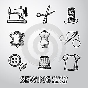 Set of handdrawn sewing icons - machine, scissors