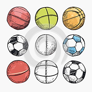 Set handdrawn sports balls illustrations. Colored sketch basketball, soccer ball, volleyball