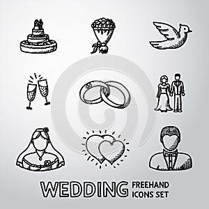 Set of handdrawn wedding icons - cake, flowers