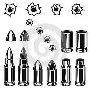 Set of handgun bullets and bullet holes in vintage monochrome style. Set of bullet holes. Design element for logo, label