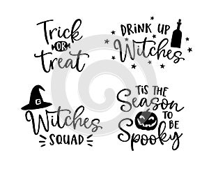 Set of handlettered Halloween phrases. Spooky auumn quotes with witches hat and scary pumpkin silhouette. Party