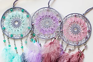 Set of Handmade dream catcher with feathers threads and beads rope hanging