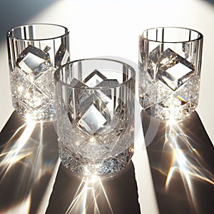 A set of handmade glass tumblers glimmers in the sunlight, eah photo