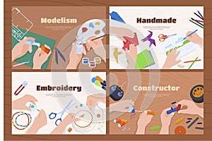 Set of handmade hobbies horizontal banner with place for text vector flat illustration