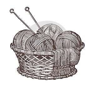 Set for handmade knitting. Basket with balls of yarn and knitting needles. Vintage vector sketch vector illustration