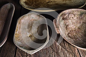 Set of handmade rustic wood bowls in Ecuador
