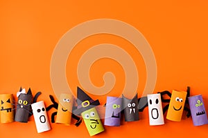 Set of handmade toys for Halloween party. Paper crafts, easy DIY. Handcraft creative idea from toilet tube for preschool, daycare