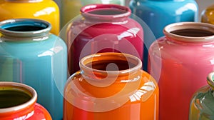 A set of handpainted ceramic e jars in bold and bright colors perfect for adding a pop of color to any kitchen. Each jar