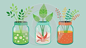 A set of handpainted upcycled mason jar planters for a touch of greenery.. Vector illustration.