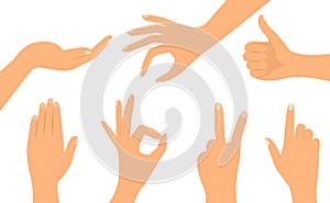 A set of hands in different versions. Flat design