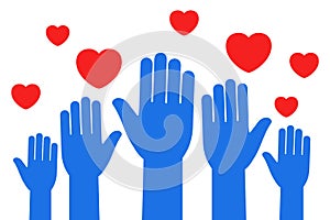 Set hands with hearts, charity work icon, organization of volunteers, raised helping hands, family community - 