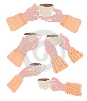 Set of hands holding cups of coffee. Coffee lover, coffee break concept