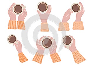 Set of hands holding cups of coffee. Top view. Coffee lover, coffee break concept