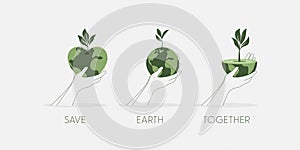 Set of Hands holding a green globe, earth. Earth Day concept. Sustainable ecology and environment conservation concept design.