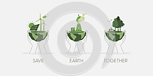 Set of Hands holding a green globe, earth. Earth Day, World Environment Day concept. Sustainable ecology and environment