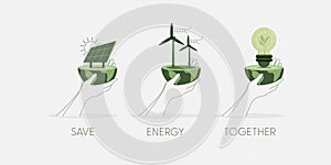 Set of Hands holding a green globe, earth. Green Renewable Energy Concept concept. Sustainable ecology and environment