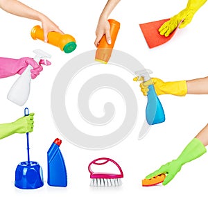 Set of hands holding household chemicals for cleaning