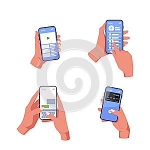 Set Hands Holding Mobile Phones. Fingers Touching, Tapping, Scrolling Smartphone Screens, Using Applications