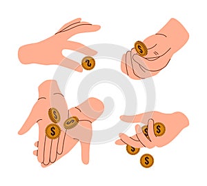 Set of hands holding money. Arms with coins. Business and finance concept.