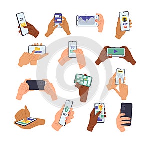 Set of hands holding smartphones with different apps