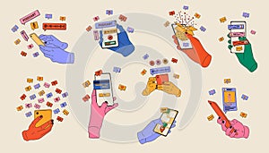 Set of Hands holding smartphones with various images.