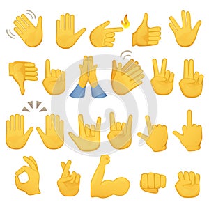 Set of hands icons and symbols. Emoji hand icons. Different gestures, hands, signals and signs, vector illustration.