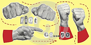 Set of hands, pointer with finger, fists. Halftone style. Collection collage design elements Trendy dotted pop art