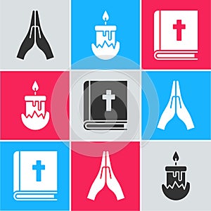 Set Hands in praying position, Burning candle and Holy bible book icon. Vector