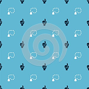 Set Hands in praying position and Rosary beads religion on seamless pattern. Vector