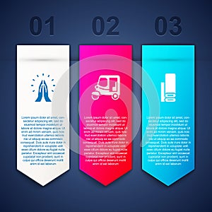 Set Hands in praying position, Taxi tuk tuk and Indian textile fabric. Business infographic template. Vector