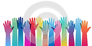 Set of hands raised up. Hands up of different colors. Teamwork, collaboration, voting, volunteering. Vector illustration