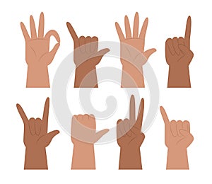 Set of Hands Showing Different Gestures for Sign Language Concept Illustration