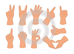 Set of Hands Showing Different Gestures for Signal Language Concept Illustration