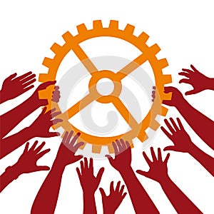 A set of hands supporting a cog as a team
