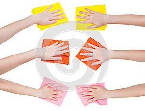 Set of hands with various rags isolated