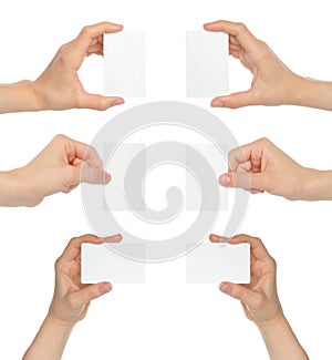 Set of Hands, which holding white blank card, isolated on transparent background