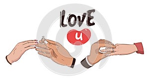 set of hands. Will you marry me. Marriage proposal vector illustration with wedding ring and male and female hands