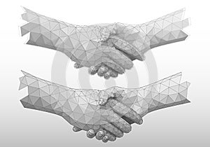 Set of handshake, low poly hands, isolated on white background. Vector Illustration