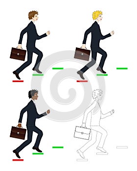 Set Handsome Business Man holding a Brief Case while Running to Goal. Full Body Vector Illustration.