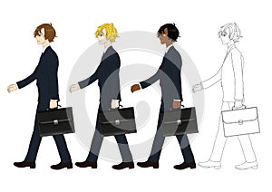 Set Handsome Business Man holding a Brief Case while Walking. Side View. Full Body Vector Illustration.