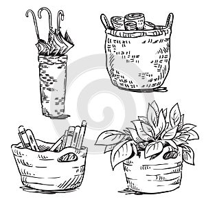 Set of handwoven interior baskets vector line drawing