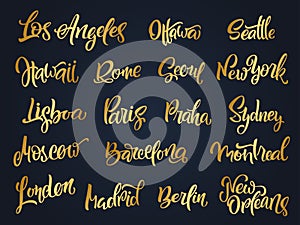 Set of handwritten city names. Hand-lettering calligraphy. London, Paris, Berlin, Madrid, New York, Moscow, Barcelona, Hawaii, Li