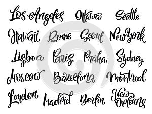 Set of handwritten city names. London, Paris, Berlin, Madrid, New York, Moscow, Barcelona