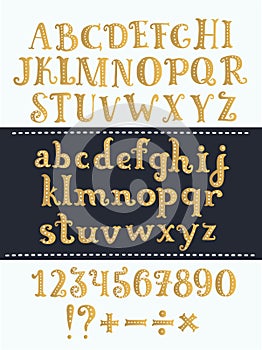 Set of handwritten gold latin letters. Vector script font. Golden alphabet isolated on background.