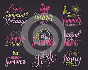 Set of handwritten inspirational summer phrases. Vector fun quotes illustrations. Calligraphy collection.